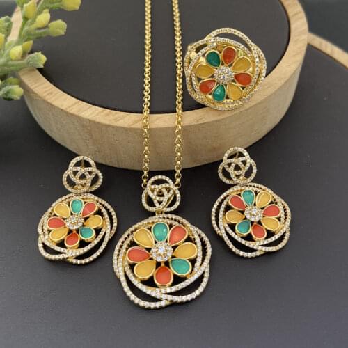 Lanyika Fashion Jewelry Set Chrysanthemum Drip Oil Micro inlay Necklace with Earring and Ring for Women Wedding Party Best Gift