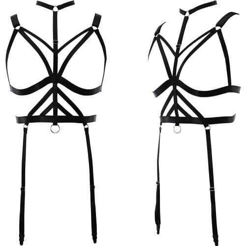 Punk Goth Garter Belt Hollow Bondage Body Harness Belt Sexy Lingerie Crop Top Body Cage Set Black Women Harness Bodysuit