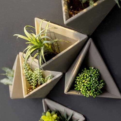 1 Set Simple Wall-mounted Cement Flower Pot Office Wall Simulation Plant Decoration Triangle Retro Flower Arrangement Container