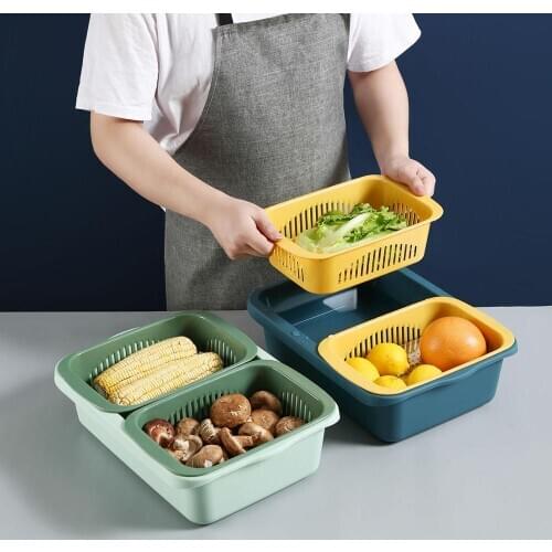 Rectangle Double Layers Kitchen Plastic Fruit Vegetable Storage Basket Container