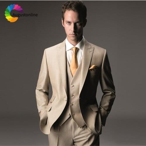 Champagne Slim Fit Wedding Men Suits Groom Wear Tuxedos 3 Pieces (Jacket+Pants+Vest) Bridegroom Suits Blazer