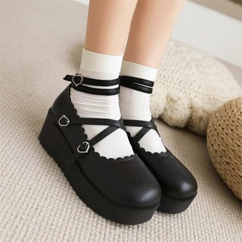 PXELENA Cross tied Women Cosplay Gothic Punk Rock Shoes Round Toe Wedge Platform Thick Sole Creepers Japanese Harajuku Pumps 43