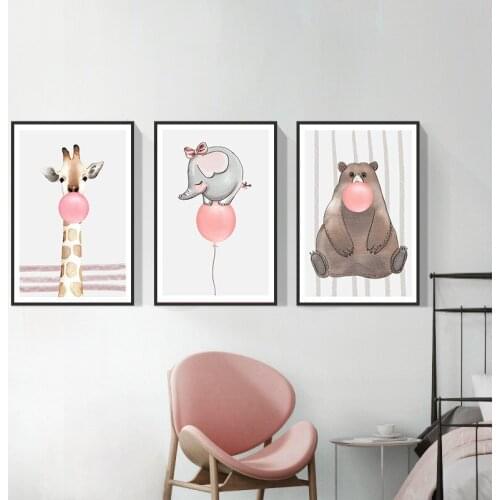 Creative Cartoon Cute Animal Wall Art Oil Painting Animals Blow balloon Printing Mural Prints Poster Decoration wall art canvas