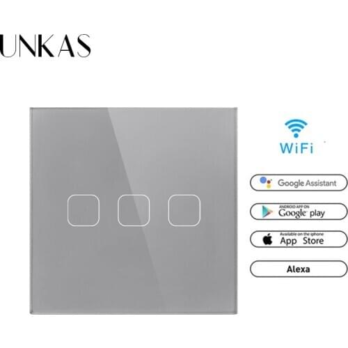 UNKAS Tuya Smartlife WiFi APP Control Light Switch Google Home Amazon Alexa Voice Control 3 Gang Touch Switch EU Standard