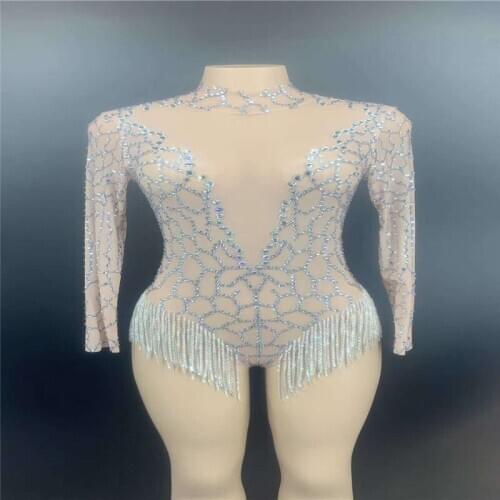 V87 Singer performance wear rhinestones see-through bodysuit stretch crystal tassels bodysuit latin drill mesh outfit sleeve dj