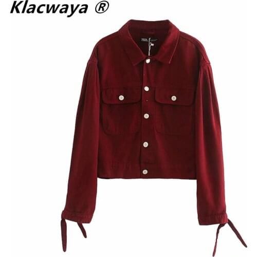 Klacwaya 2021 Women Short Denim Jacket Bow Cuff Front Pocket Vintage Jacket Female Streetwear Jaqueta Feminina