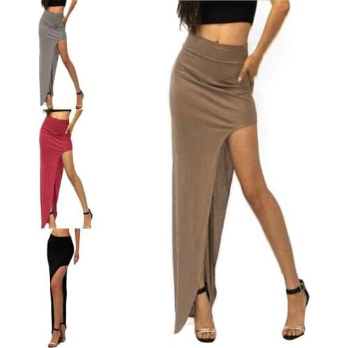 Women Summer High Waist Open Side Split Bodycon Maxi Long Skirt Solid Color Sexy Package Hip Stretchy Party Clubwear