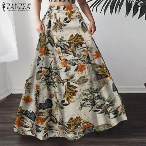 Womens Printed Skirts ZANZEA 2021 Spring Fashion Maxi Sundress Casual High Waist Long Vestidos Female Floral Robe