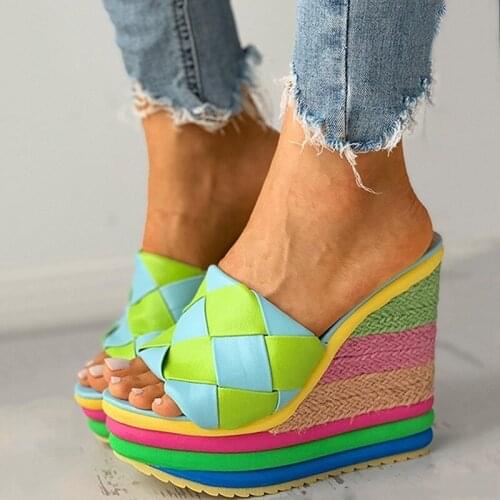 2021 Wedges Shoes for Women Retro Open Toe Ankle Platform Beach Sandals Plus Size Weave High Heels Buckle-Strap Roman Sandalias