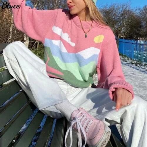 2021 Women Landscape Pattern Knitted Pullovers Female Fashion Casual O Neck Long Sleeve Loose Sweater Jumpers For Spring Autumn