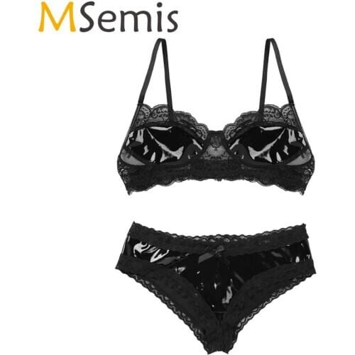 MSemis Women Patent Leather Lingerie Wire-free Unlined Bra Top Erotic Open Crotch Open Butt Underwear Babydoll Stripper Clothes