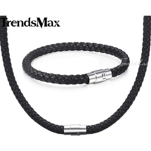 Women Mens Jewelry Set Leather Bracelet Necklace Set Black Brown Braided Rope Stainless Steel Clasp 2018 Jewelry 4 6 8mm KUSM04