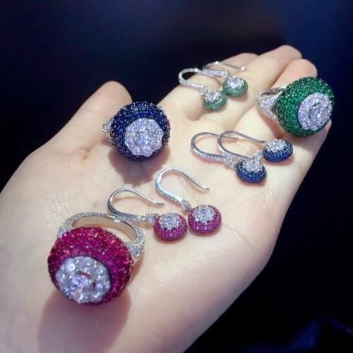 Jewelry set ring and earring 925 sterling silver with cubic zircon fine women jewelry blue green rose red color
