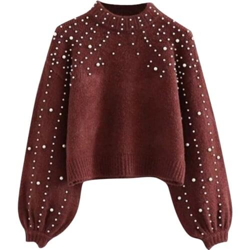 Women Sweater Thick Needle Beading Lantern Sleeve Long Sleeve O-neck Pullover Sweater Women Pullover Winter Jumpers Knitwear #38