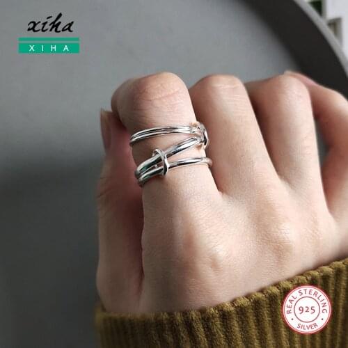 Multi Layers Four Round Circles Simple Adjustable Ring Real 925 Sterling Silver Rings for Women Minimalist Jewelry Size 5 6 7
