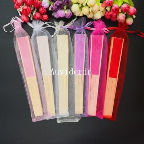 Auviderin 50pcs Ivory Wedding Handheld Cloth Fan Personalized Names & Date for Wedding Gift in Organza Gift Bag