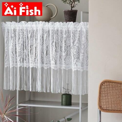 Punch-Free White Tassels Irregular Half Curtains Hollow Embroidered Flowers Lace Tulle Voile Aisle Partition Window Curtains #4