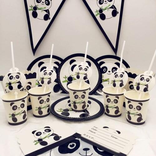 White Black Lovely Cartoon Panda Theme Diaposable Tableware Set For Baby Kids Girls Boys Birthday Party Supplies Decoration Fav