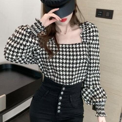 Spring Streetwear Blusas Korean Square Collar Slim Blouse Women Vintage Black White Houndstooth Shirt Long Sleeve Chemise Femme