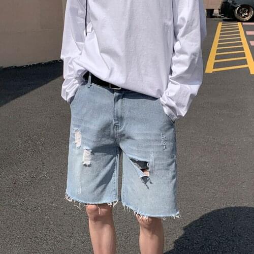 2021 Summer Ripped Hole Jeans Shorts Mens Fashion Denim Short Jean Black/Blue Male Half Length Streetwear Casual Trousers