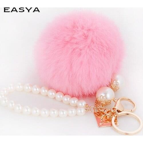 EASYA Popular Llaveros Trinket Hot Sell 8cm Fur Pompom Keychain Simple Simulated Pearl Key Ring Finders For Bag Accessories
