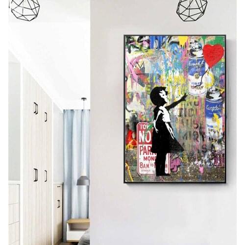 Graffiti Art Pictures Girl Chasing Balloons Street Canvas Painting Posters Wall Art Pictures for Living Room Decor (No Frame)