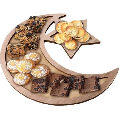 Eid Ramadan Decorations Wooden Dessert Tray Serving Tray Moon Star for Home Party Lslamic Muslim Decor Gifts EID AI Adha
