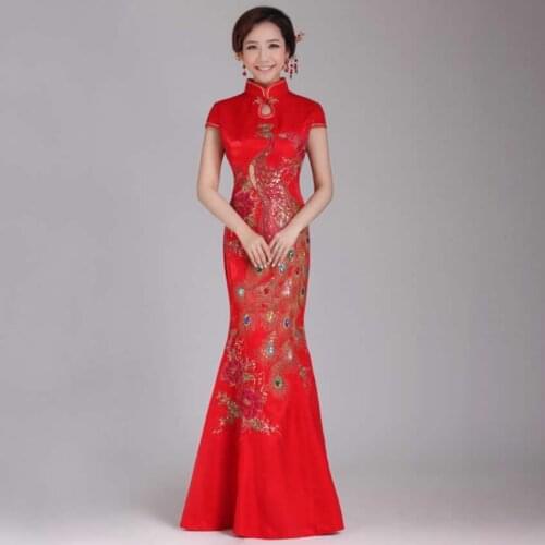 Red Embroidery Cheongsam Chinese Traditional Wedding Dress Miss Ceremony Serve Long Qipao Bride Mermaid Oriental Style Dresses