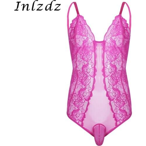 Mens Sheer Sissy Crossdressing Erotic Lingerie Set Adjustable Spaghetti Straps Lace Pouch Sissy Bodysuit Nightwear Sleepwear