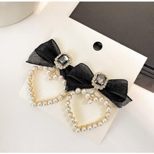 Lace Bowknot Pearl Heart Drop Earrings Korean Fashion Elegant Earrings For Women Girls 2021 New Fashion Jewelry