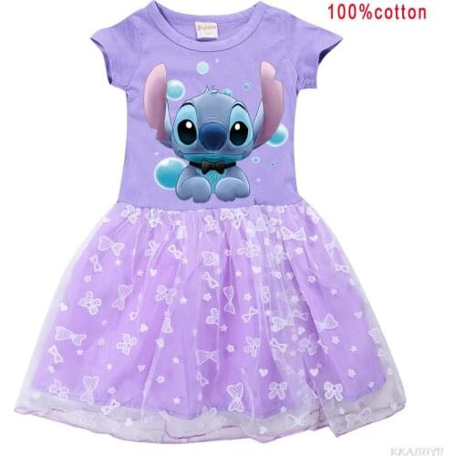 STITCH Girl Summer Short Sleeve Skirt Childrens Dress Bow Pattern Mesh Princess Skirt