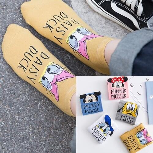 Fashion Socks Woman Spring 3 Pairs Girls Cotton Color Novelty Cute Mickey Minnie Mouse Donald Daisy Duck Casual Funny Sock