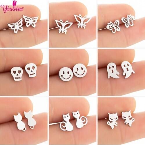 New Fashion Cute Butterfly Earrings High Quality Womens Silver Color Smiley Skull Earrings Korean Jewelry 2021 Trend Undefined