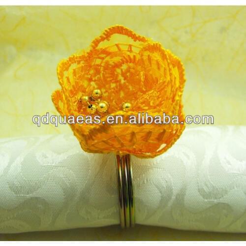 Orange lace flower napkin rings beaded wedding , napkin holder