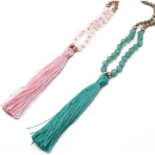 Pink Mint Tassel Long Necklace Beaded Pendant Sweater Necklace Handmade Jewelry