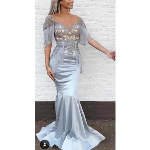 Silver Special Occasion Dress Evening Party Gowns Mermaid 2019 Prom Dress Deep V Neck Tassel Formal Dresses vestidos de fiesta