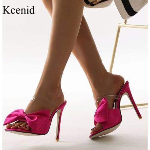 Kcenid Rose Orange Butterfly-knot Women Slippers Mule Sexy High Heels Slippers Sandals Square Toe Clear Strap Slides Party Shoes