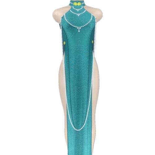 Embellished Beaded Costume High Split Fork Sexy Cheongsam Dress Backless Performance Ladies Nightclub Performance Costume