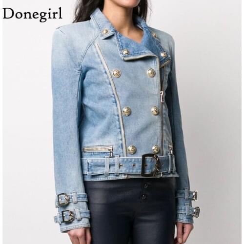 High Quality 2021 Spring New Female Metal Button Buckle Double Zipper Oblique Zipper Motorcycle denim jacket Women Blouson Femme