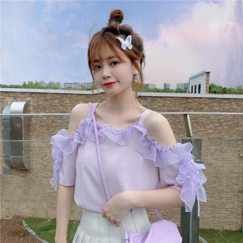 Female 2021 Summer Korean New Sweet Ruffle Temperament Strap Short-sleeve Chiffon Shirt Top and Women Blouse Blusas Mujer Y768