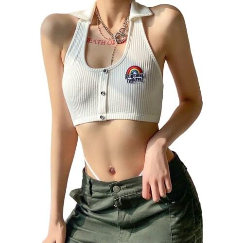Women Sexy Halter Crop Tops Knitted Sleeveless Button Front Camisoles Rainbow Letter Embroidery Skinny Clubwear Lapel Tank Tops