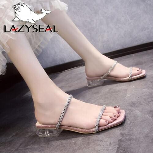 LazySeal Summer Transparent Crystal Square Heels Slippers Bling Metal Chain Cool Women Slides Outdoor Fashion Female Mulers