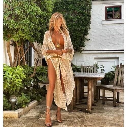 Women Summer Swimsuit Cardigan Cover Up Boho Sexy Striped Chiffon Bathing Suit Women Cover-ups Plus Size Beach Wear Kimono Dress