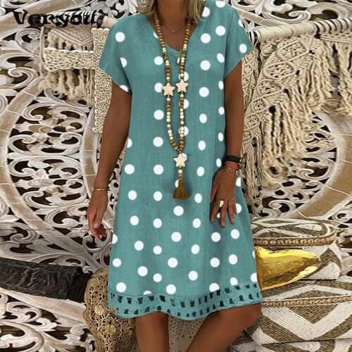 Womens Short Sleeve Summer Casual Dot Printed Short Dress Female Dress V-neck Solid Color Natural Loose Short Dress Plus Size