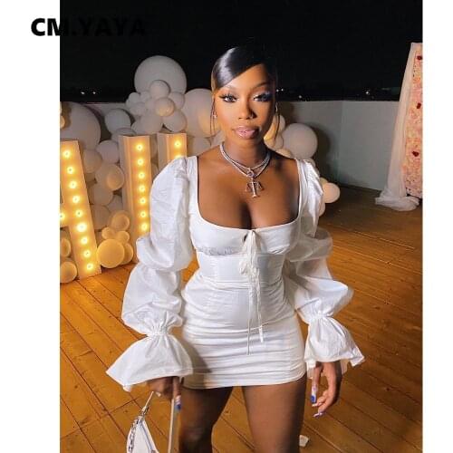 CM.YAYA Women Mini Dress Solid Full Puff Sleeve Square Collar Bandage Stretchy Bodycon Dresses Sexy Fashion Vestidos Summer 2021