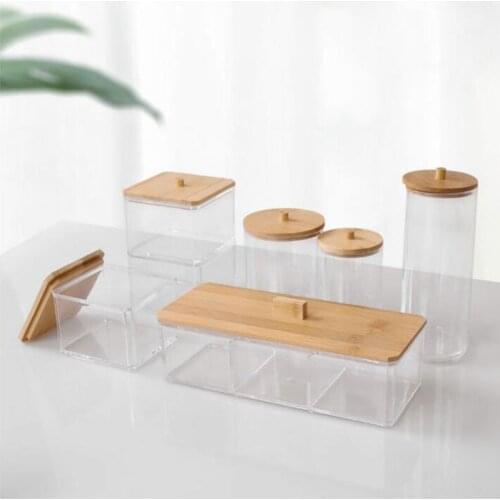 Bathroom Accessories Cosmetic Organizer Jewelry Storage Box Cotton Swab Cotton Ball Makeup Brush Holder Bamboo Cover Plastic Box