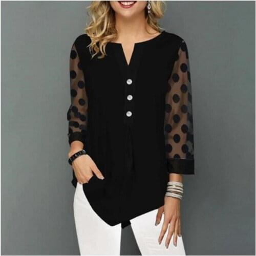 Women Shirt Blouse Solid Black Tops V-Neck Button Splice Mesh Nine Points Sleeve Spring Summer Casual Loose Plus Size 5XL Shirt