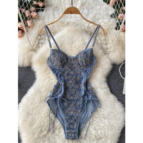 Sexy See Through Mesh Patchwork Flowers Embroidery Bodysuit Women Adjustable Spaghetti Strap Padded Lace Up Bandage Body Suits