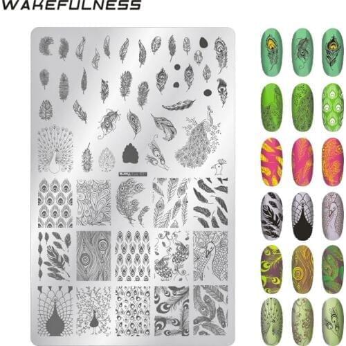 WAKEFULNESS 1Pcs Peacock Feather Nail Art Stamping Plate Big Size Painting Template Nail Stencil Manicure Nail Stamp Tools