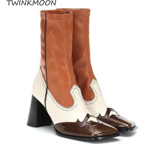 Fretwork Ankle Boots Slim Fit Sock Boots Square Toe Color Mix Leather Designer Runway Shoes botas mujer 2020